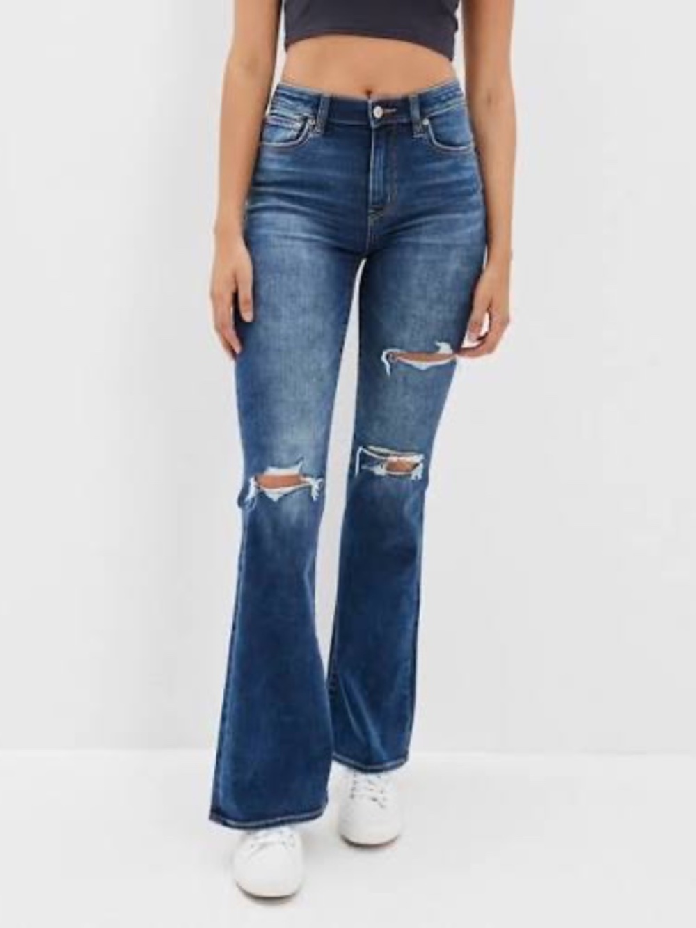 American Eagle Ripped Super Hi-Rise Flare Denim Jeans Size 4 Short Indie Dark